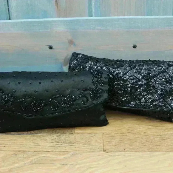 Set of 2 Vintage Black Bead and Sequin Formal Clutches Snap Closure Silky - Picture 6 of 9
